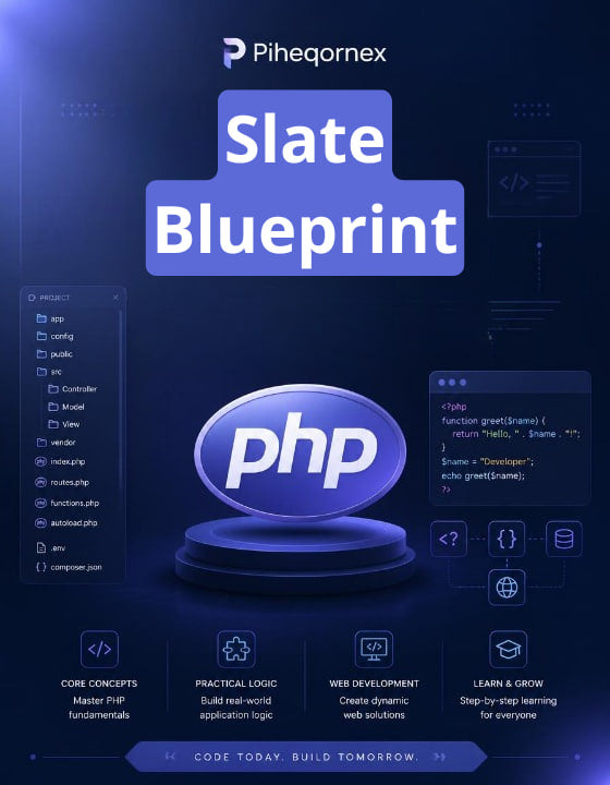 Promotional graphic for 'Slate Blueprint' PHP course by Piheqornex, featuring a dark blue futuristic interface design with a central glossy blue PHP logo on a pedestal and text blocks outlining learning goals.