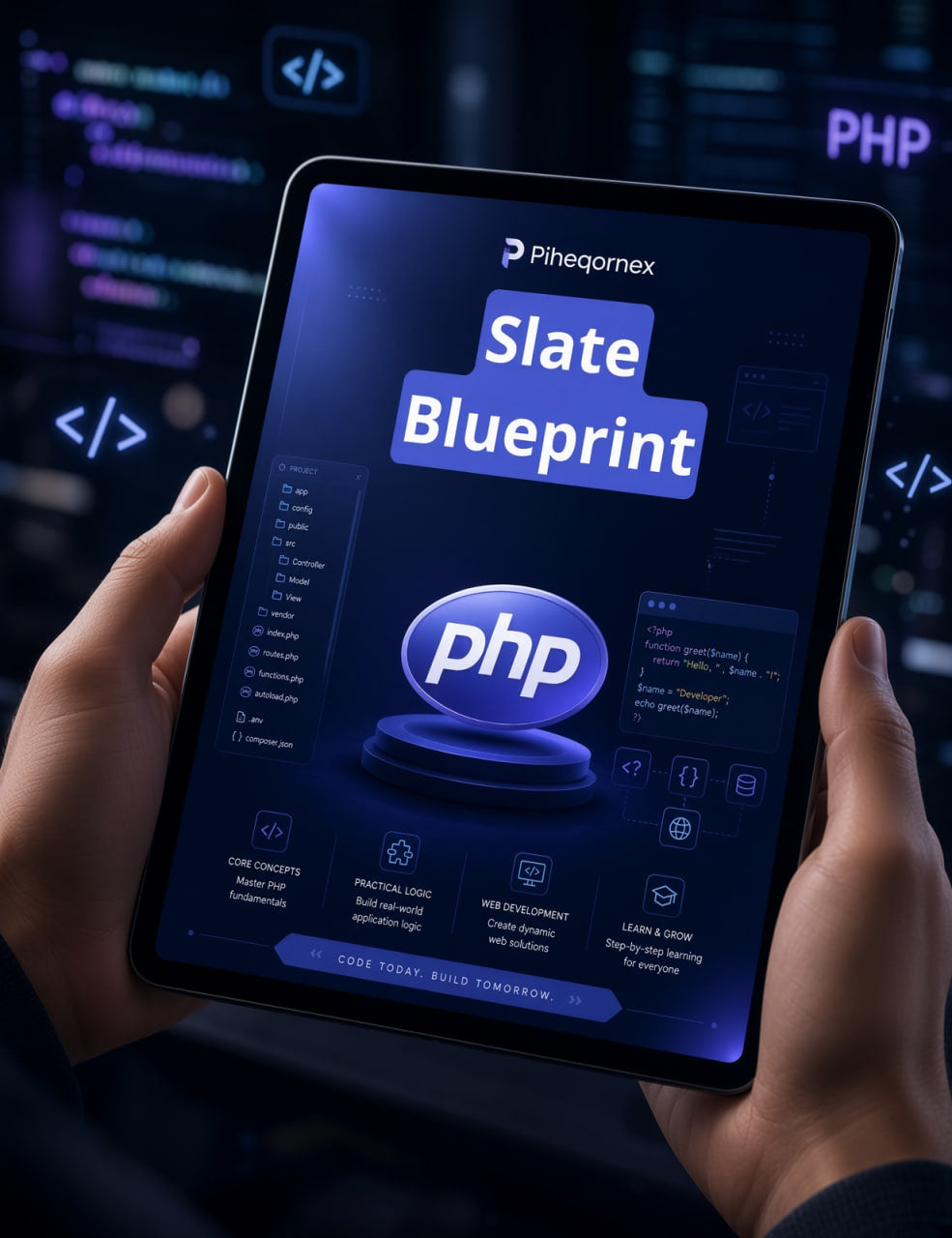 A tablet held by two hands displays a software course or guide titled 'Slate Blueprint' with 'php' prominently featured on the screen. The background is a dark, blurred digital coding environment with glowing PHP text.