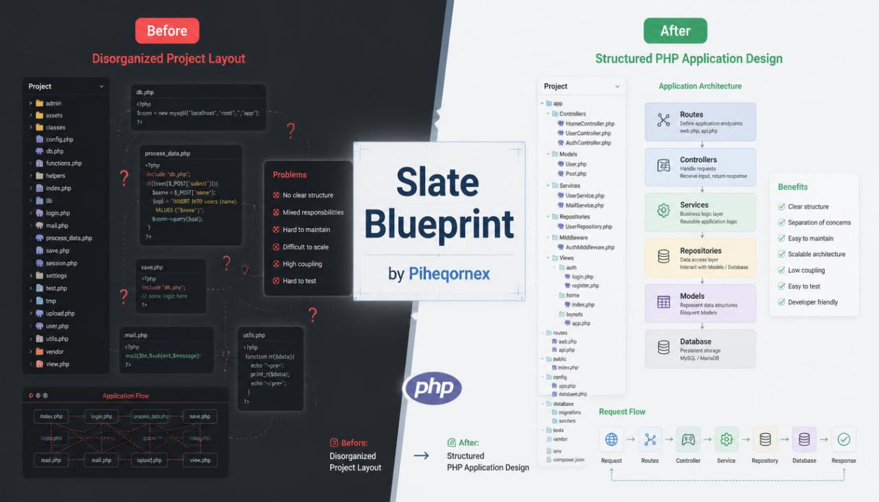 A promotional graphic for a PHP application design blueprint course, titled 'Slate Blueprint by Piheqornex'. The left side, labeled 'Before', shows a messy, disorganized project layout with code snippets and question marks on a dark background.