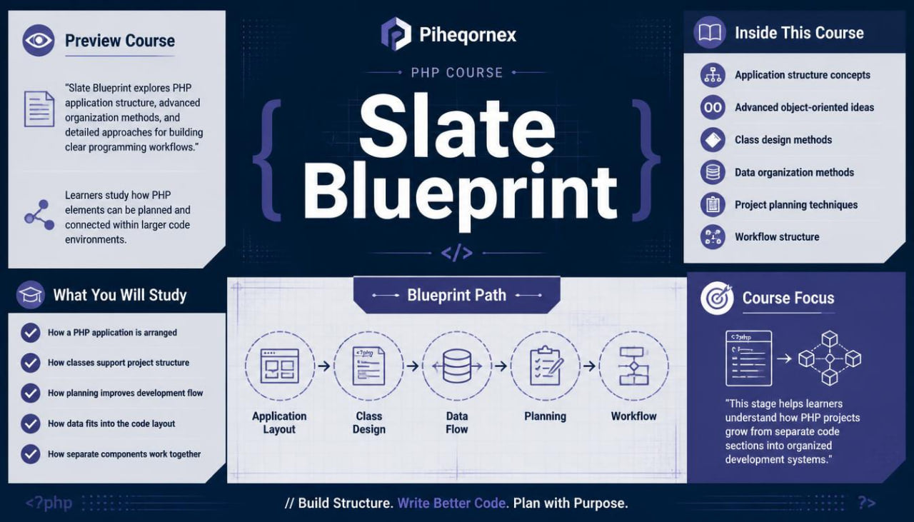 An infographic-style promotional graphic for a PHP course titled 'Slate Blueprint' by Piheqornex, with dark blue and light blue panels, icons, and text outlining course topics and learning objectives.