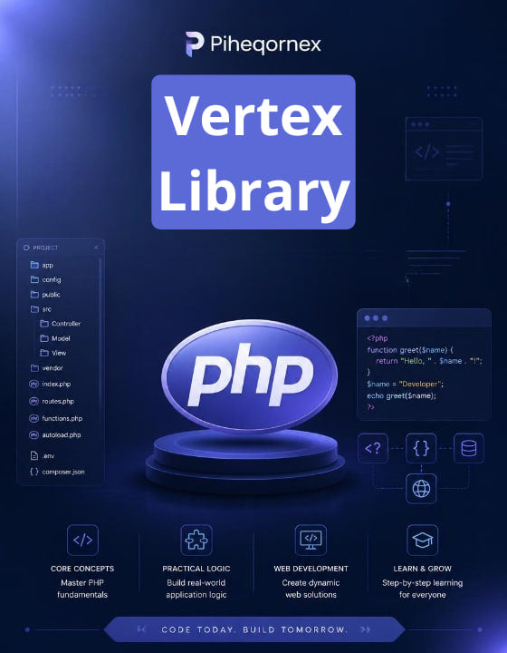 Promotional graphic for Piheqornex Vertex Library PHP, featuring a large blue 'Vertex Library' title, a central glossy 'php' logo on a pedestal, and tech-themed UI panels on a dark blue background.