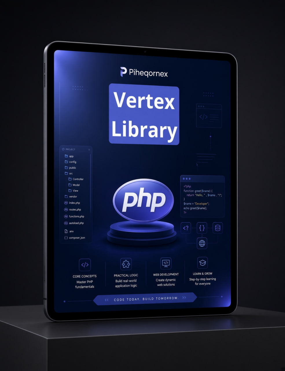 A tablet device displaying the Piheqornex Vertex Library interface for PHP, shown on a dark pedestal against a black background.