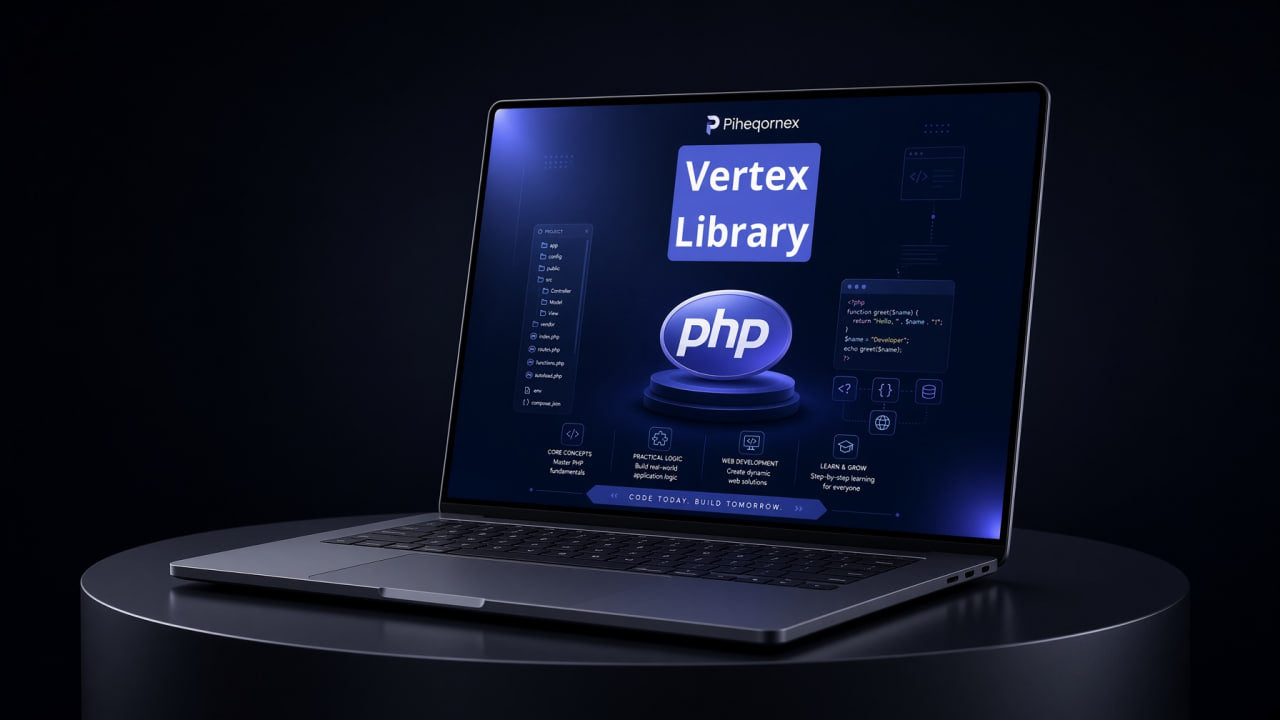A dark gray laptop displayed open on a round pedestal against a black background, showing a software interface on screen with the text 'Vertex Library' and 'php'.