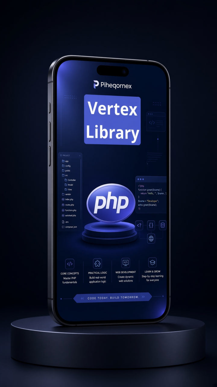 A smartphone displayed upright on a dark pedestal against a black background, showing a blue app-style screen with the text 'PHP Library' and a large 'php' logo. The phone brand 'Pileqpornex' is visible at the top of the screen.