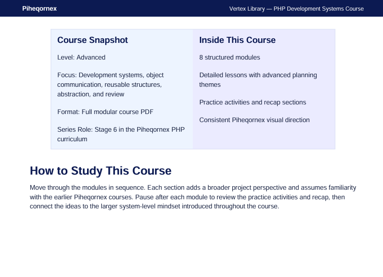 A digital informational slide for the Pheipornex PHP Development Systems Course, featuring a course snapshot and study guide sections under the heading 'How to Study This Course'.